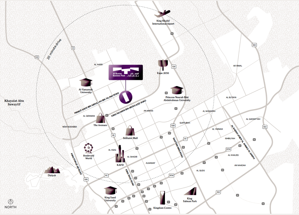 Regional map of Riyadh showing Al Bustan Business Park within a 20-minute drive of the airport, financial district and key destinations