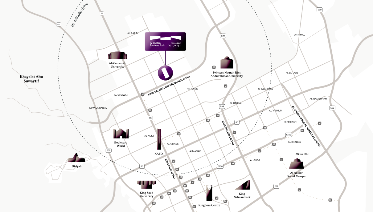 Illustrated map of Al Bustan Business Park and its immediate surroundings — retail, dining, residences and parks