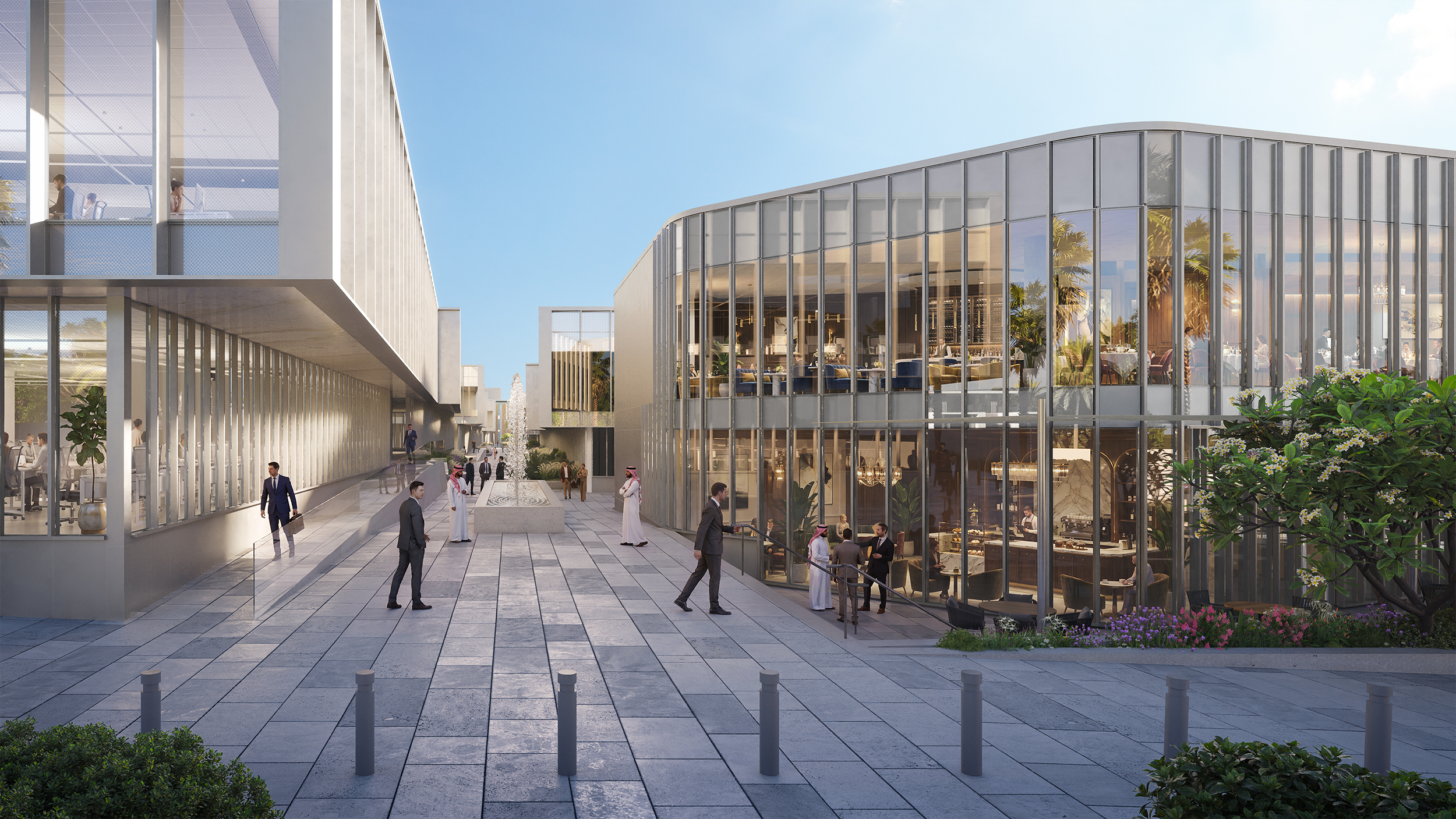 Looking down the pedestrian spine of Al Bustan Business Park