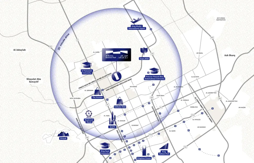 Regional map of Riyadh showing Al Bustan Business Park within a 20-minute drive of the airport, financial district and key destinations.
