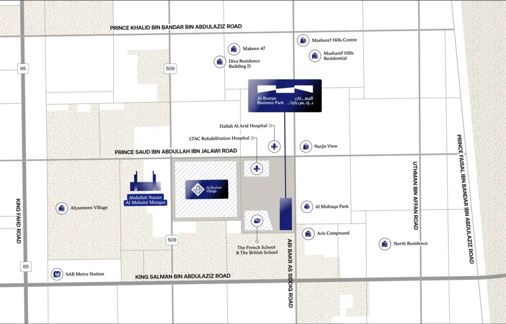 Illustrated map of Al Bustan Business Park and its immediate surroundings — retail, dining, residences and parks.
